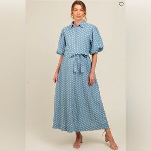 Pinkblush Blue Floral Embroidered Button Down Chambray Maternity Maxi - Small